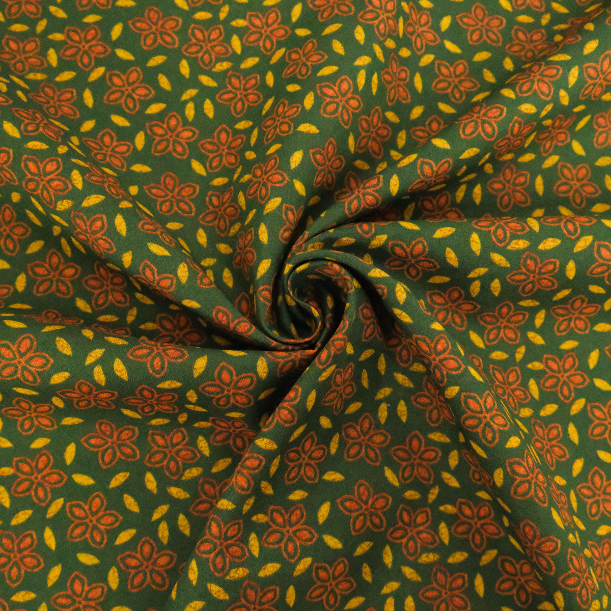 Popeline de Coton Imprimé Indian Vibes Vert Ocre - Maison Klem